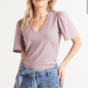 Nation LTD Purple Tierra Flirty Ruffle V Neck T-Shirt Size Small Casual Chic